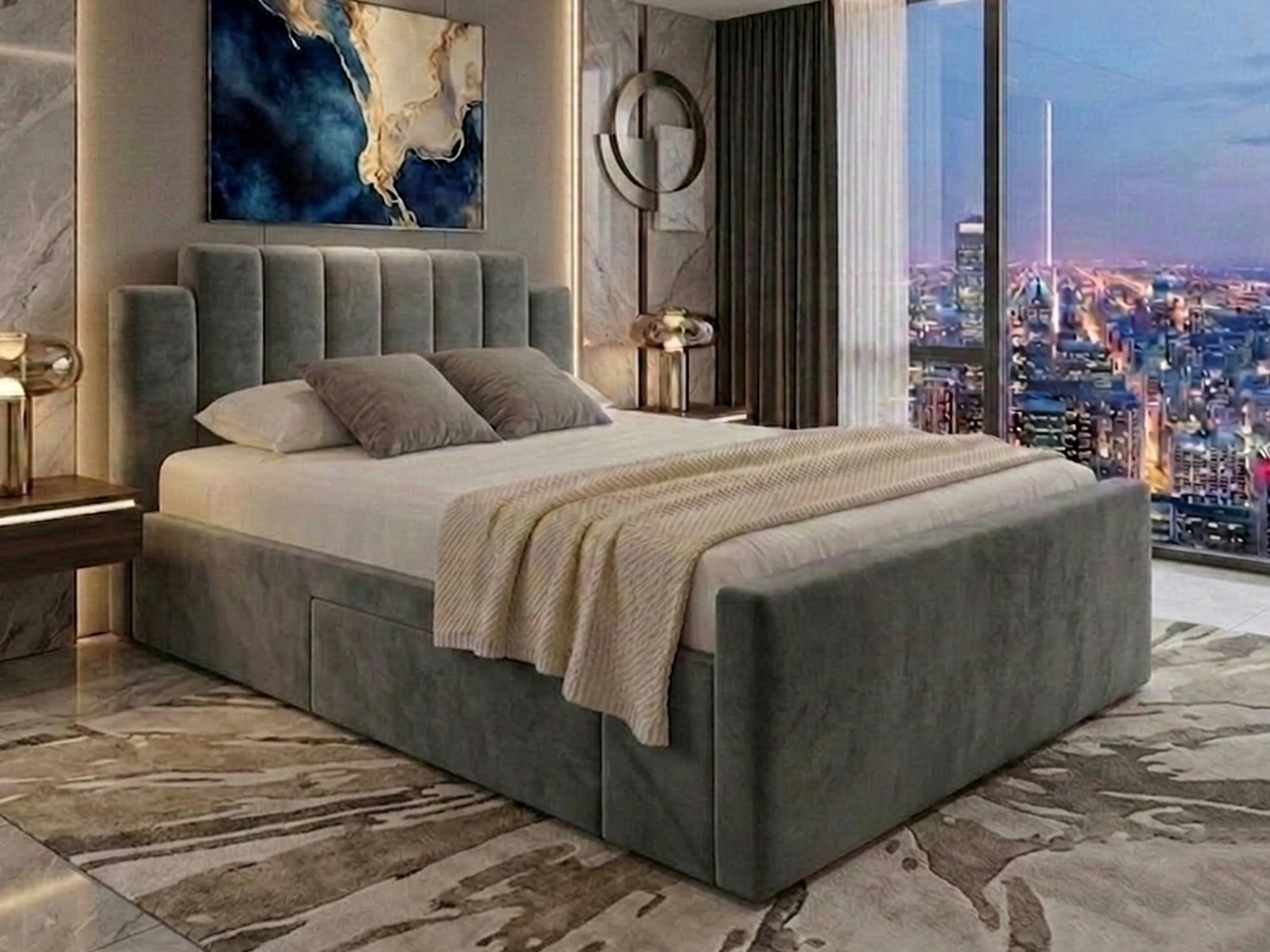 Front view of the Violeta grey velvet fabric bed frame, showcasing the elegant stepped headboard design with deep vertical fluted accent panels and a high footboard.